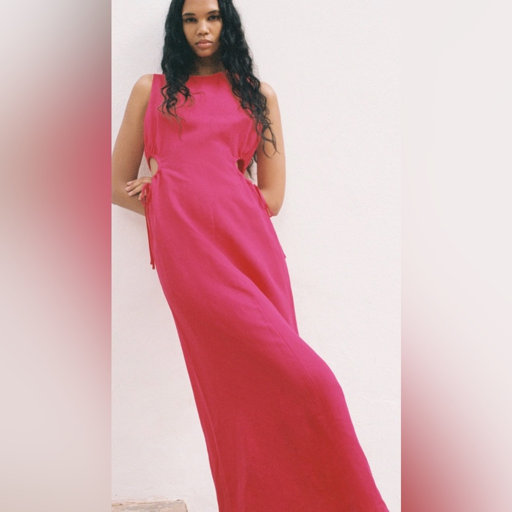 ZARA linen dress with cutouts in hot pink XS